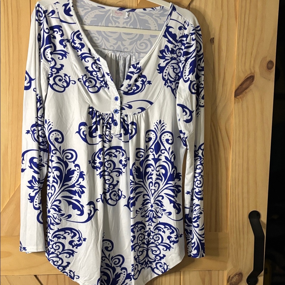 Alife White and Blue Scroll-Print Long Sleeve Blouse